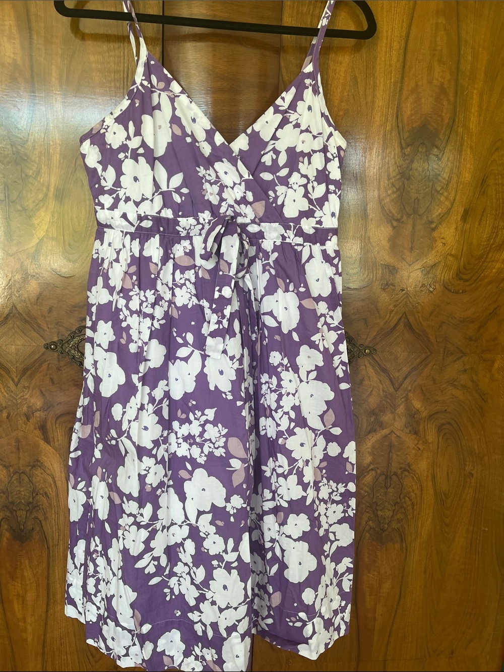 Garnet Hill Cotton Purple Floral V-Neck Sundress with Empire Tie Waist Size 8